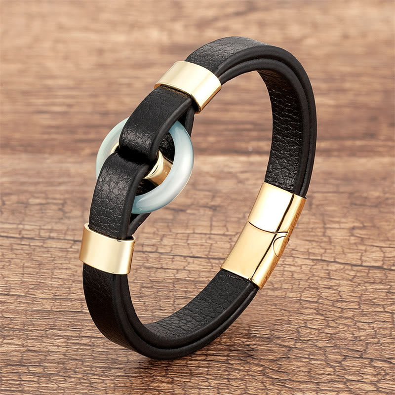 Buddha Stones, rund, grüner Aventurin, schwarzer Onyx, Hämatit, Achat, Rosenquarz, Stein, Balance, Lederarmband mit Magnetschnalle - Achat-Gold - 18-22 cm - image 8