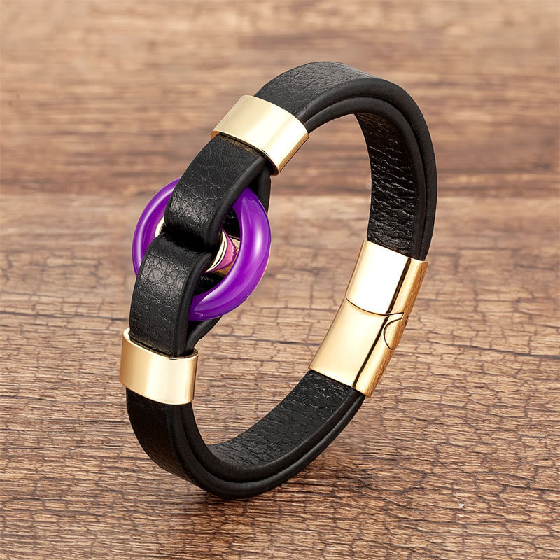 Buddha Stones, rund, grüner Aventurin, schwarzer Onyx, Hämatit, Achat, Rosenquarz, Stein, Balance, Lederarmband mit Magnetschnalle - Lila Achat-Gold - 18-22 cm - image 9