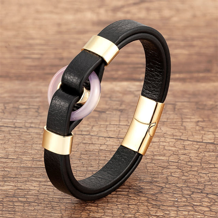 Buddha Stones, rund, grüner Aventurin, schwarzer Onyx, Hämatit, Achat, Rosenquarz, Stein, Balance, Lederarmband mit Magnetschnalle - Rosenquarz-Gold - 18-22 cm - image 11