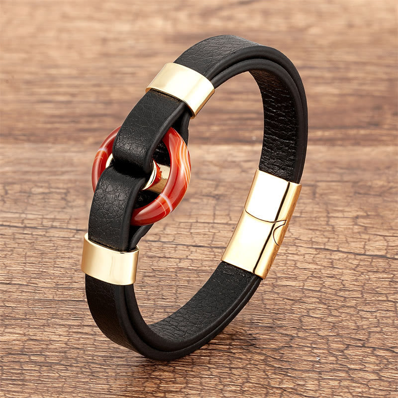 Buddha Stones, rund, grüner Aventurin, schwarzer Onyx, Hämatit, Achat, Rosenquarz, Stein, Balance, Lederarmband mit Magnetschnalle - Roter Achat-Gold - 18-22 cm - image 15