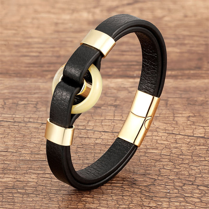 Buddha Stones, rund, grüner Aventurin, schwarzer Onyx, Hämatit, Achat, Rosenquarz, Stein, Balance, Lederarmband mit Magnetschnalle - Topas-Gold - 18-22 cm - image 13