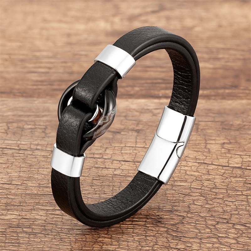 Buddha Stones, rund, grüner Aventurin, schwarzer Onyx, Hämatit, Achat, Rosenquarz, Stein, Balance, Lederarmband mit Magnetschnalle - Achat-Silber - 18-22 cm - image 21