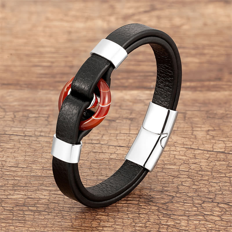 Buddha Stones, rund, grüner Aventurin, schwarzer Onyx, Hämatit, Achat, Rosenquarz, Stein, Balance, Lederarmband mit Magnetschnalle - Roter Achat-Silber - 18-22 cm - image 23