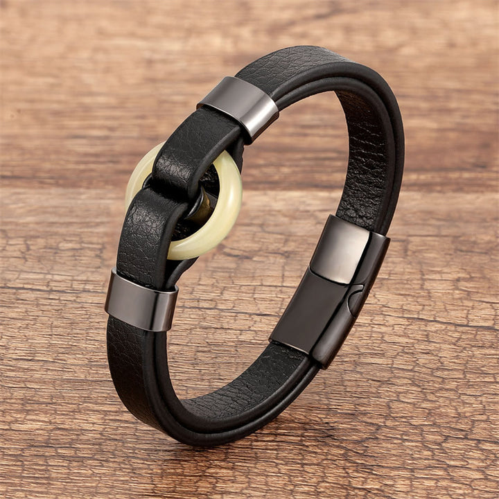 Buddha Stones, rund, grüner Aventurin, schwarzer Onyx, Hämatit, Achat, Rosenquarz, Stein, Balance, Lederarmband mit Magnetschnalle - Topas-Schwarz - 18-22 cm - image 25