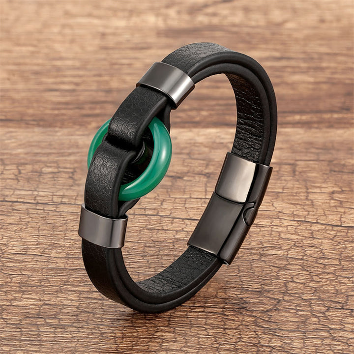 Buddha Stones, rund, grüner Aventurin, schwarzer Onyx, Hämatit, Achat, Rosenquarz, Stein, Balance, Lederarmband mit Magnetschnalle - Grüner Aventurin-Schwarz - 18-22 cm - image 27