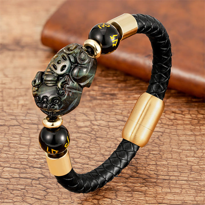 Buddha Stones , Tigerauge, schwarzer Onyx, roter Achat, PiXiu, Kupfermünze, Om Mani Padme Hum, Stärke, Lederarmband - Achat - 18-22 cm - image 9