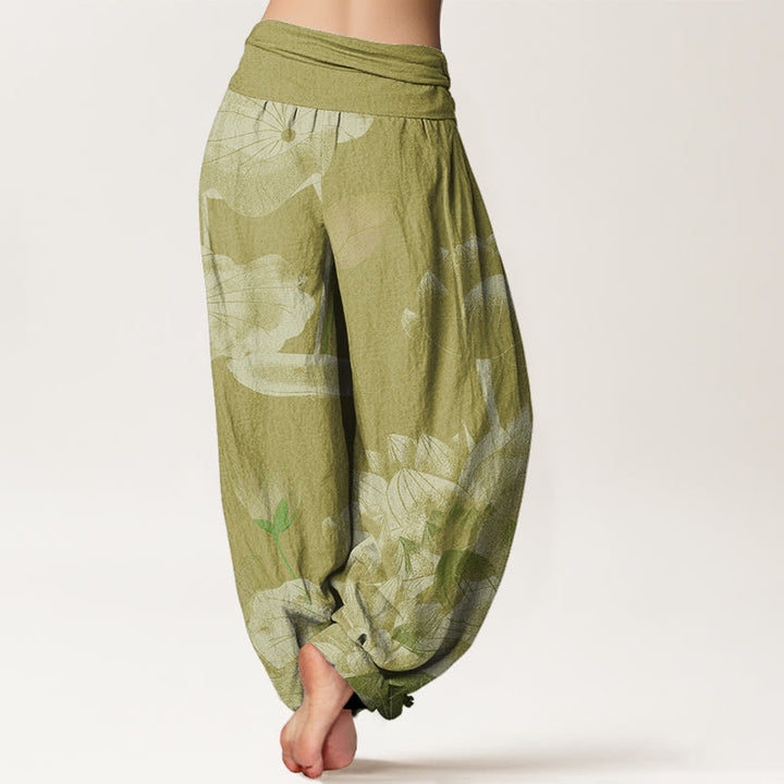 Buddha Stones Rosa und Weiß Lotus Damen Haremshose mit elastischer Taille - image 9