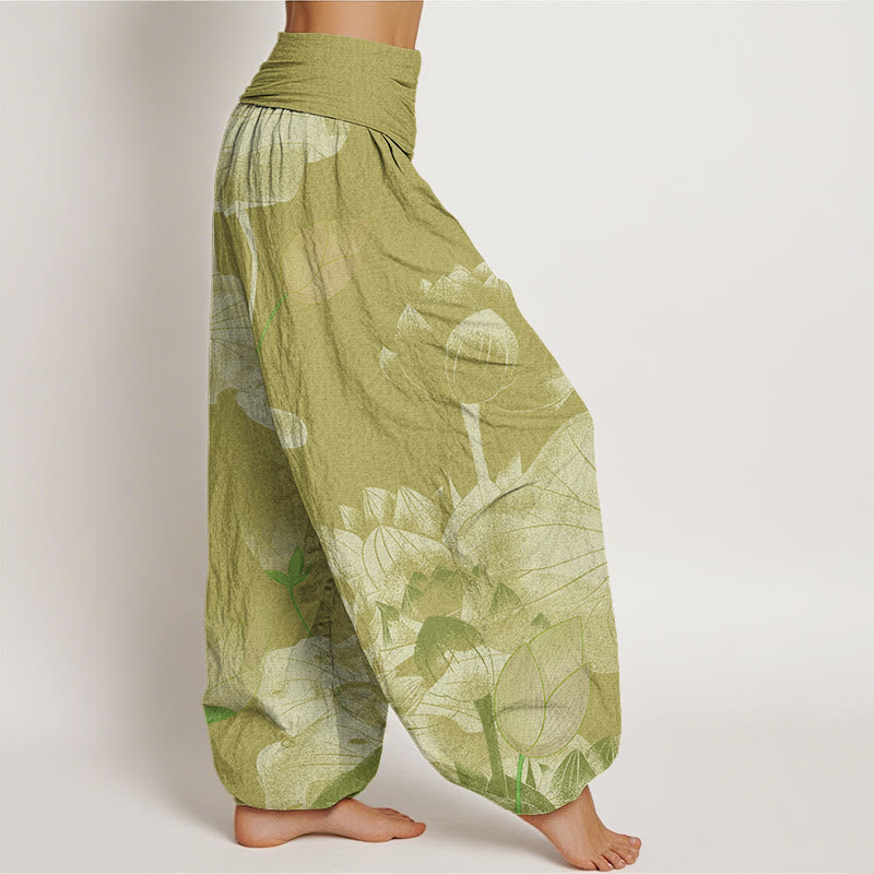 Buddha Stones Rosa und Weiß Lotus Damen Haremshose mit elastischer Taille - image 10