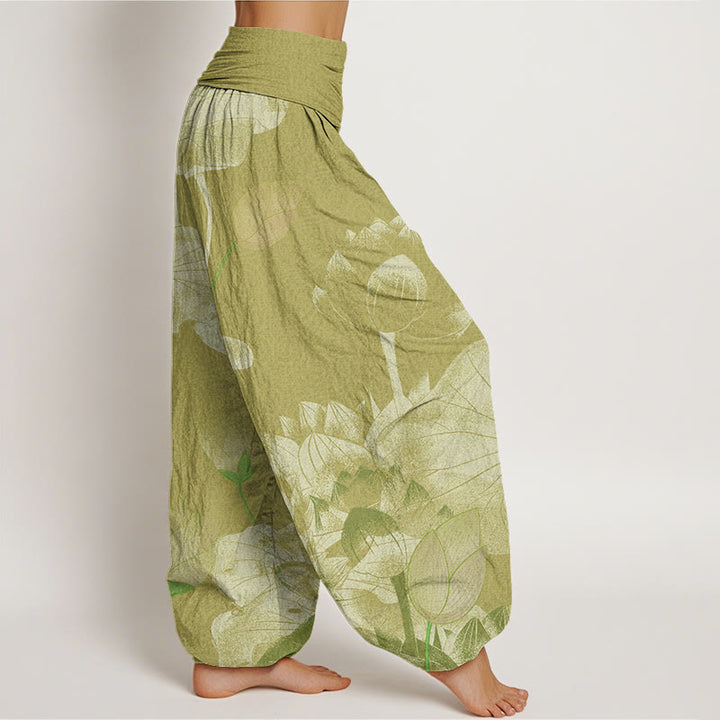 Buddha Stones Rosa und Weiß Lotus Damen Haremshose mit elastischer Taille - image 10