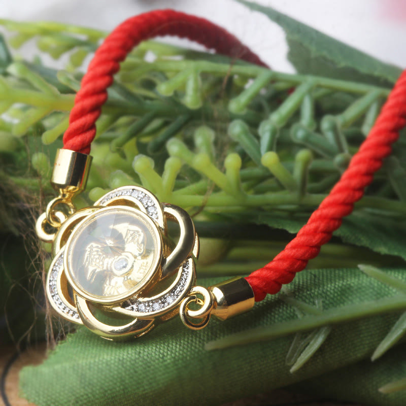 Buddha Stones, drehbar, Pflaumenrot, Schnur, Kupfer, Messing, Windmühle, Feng Sheng Shui, Qi-Schutz, geflochtenes Armband