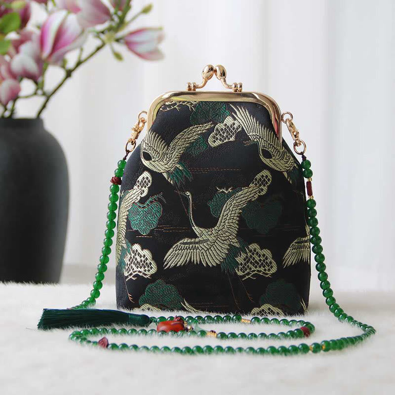 Buddha Stones Retro Chinesische Stickerei Perle Kette Umhängetasche Schultertasche - Schwarzer Kranich 14*6*18cm - image 1