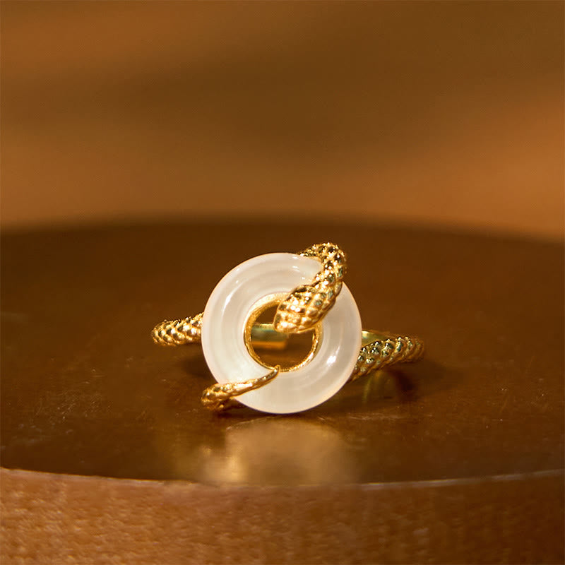 Buddha Stones Chalcedon Friedensschnalle 925 Sterling Silber Goldener Harmoniering des Jahres der Schlange - Chalcedon 925 Sterling Silber Goldene Schlange (verstellbar) - image 0