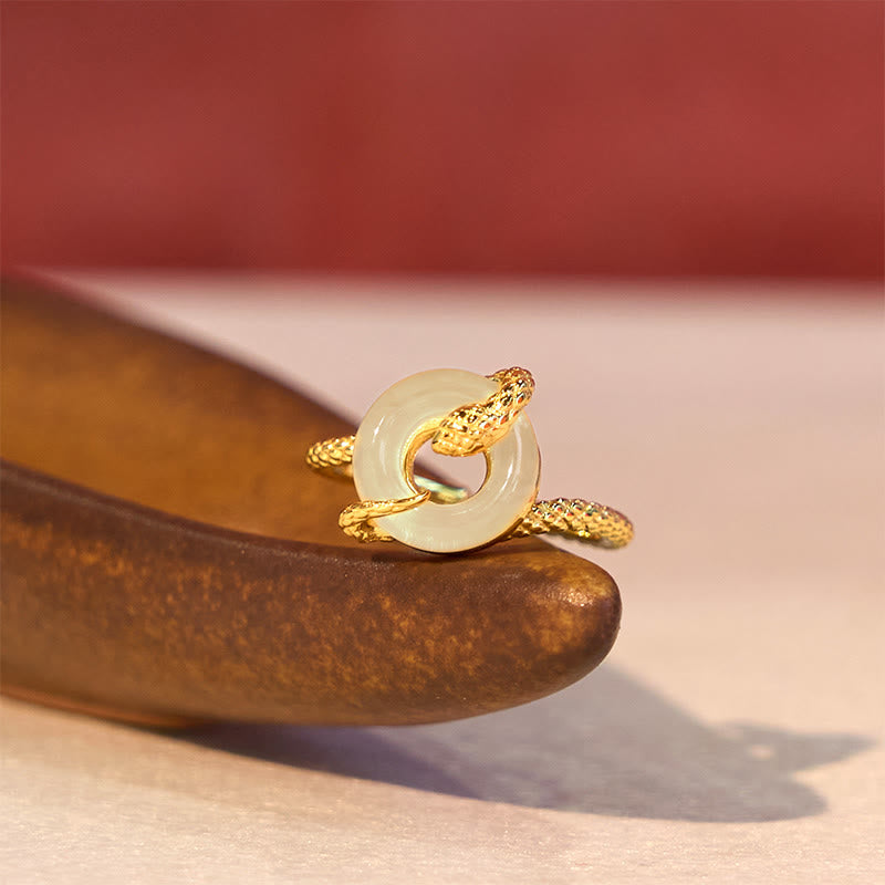 Buddha Stones Chalcedon Friedensschnalle 925 Sterling Silber Goldener Harmoniering des Jahres der Schlange - image 1