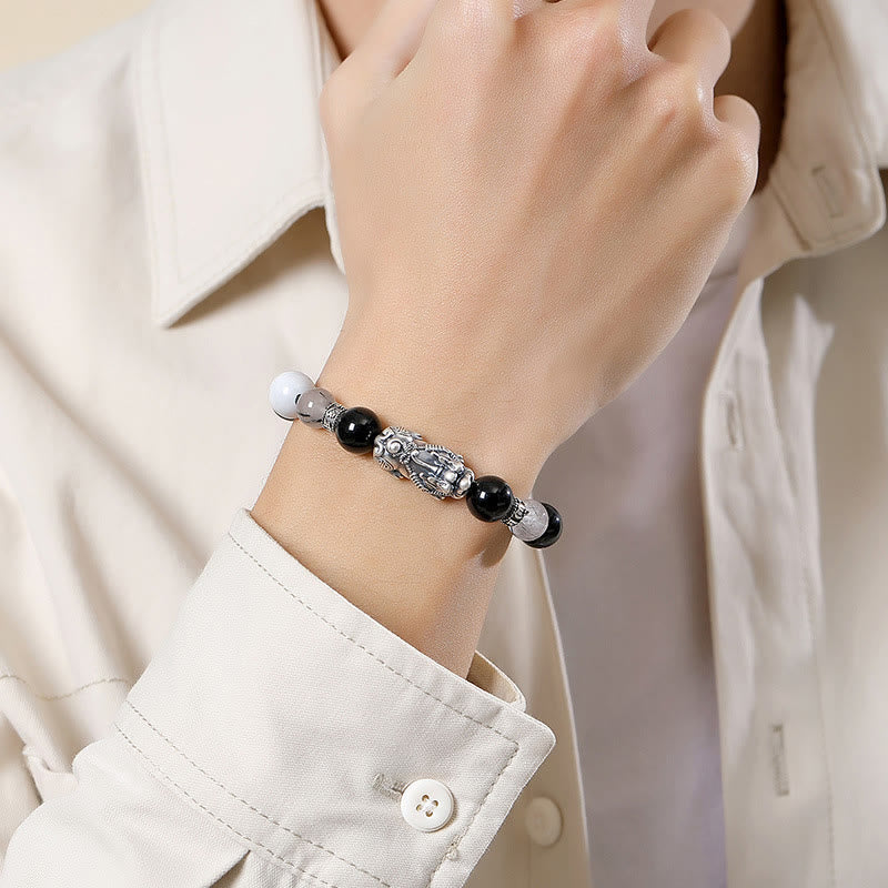 Buddha Stones Pi Xiu Sechs Wahre Worte 999 Sterling Silber Schwarzer Obsidian Weißer Türkis Chrysoberyll Glücksarmband - image 4