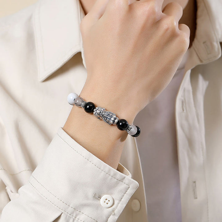 Buddha Stones Pi Xiu Sechs Wahre Worte 999 Sterling Silber Schwarzer Obsidian Weißer Türkis Chrysoberyll Glücksarmband - image 4