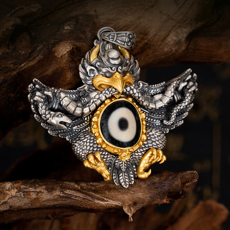 Buddha Stones 925 Sterling Silber Tibet Garuda Vogel Dzi Perle Schutz Halskette Anhänger - image 1
