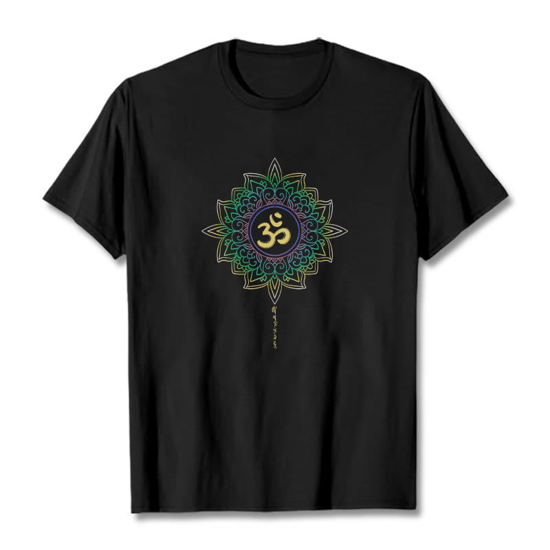 Buddha Stones OM Gelb Grün Farbverlauf Lotus Baumwolle T-Shirt - Schwarz - 2XL - image 3