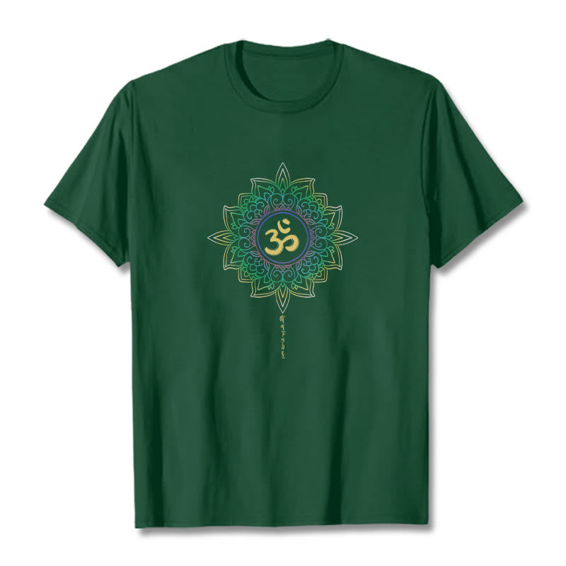 Buddha Stones OM Gelb Grün Farbverlauf Lotus Baumwolle T-Shirt - WaldGrün - 2XL - image 1