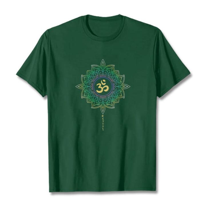 Buddha Stones OM Gelb Grün Farbverlauf Lotus Baumwolle T-Shirt - WaldGrün - 2XL - image 1