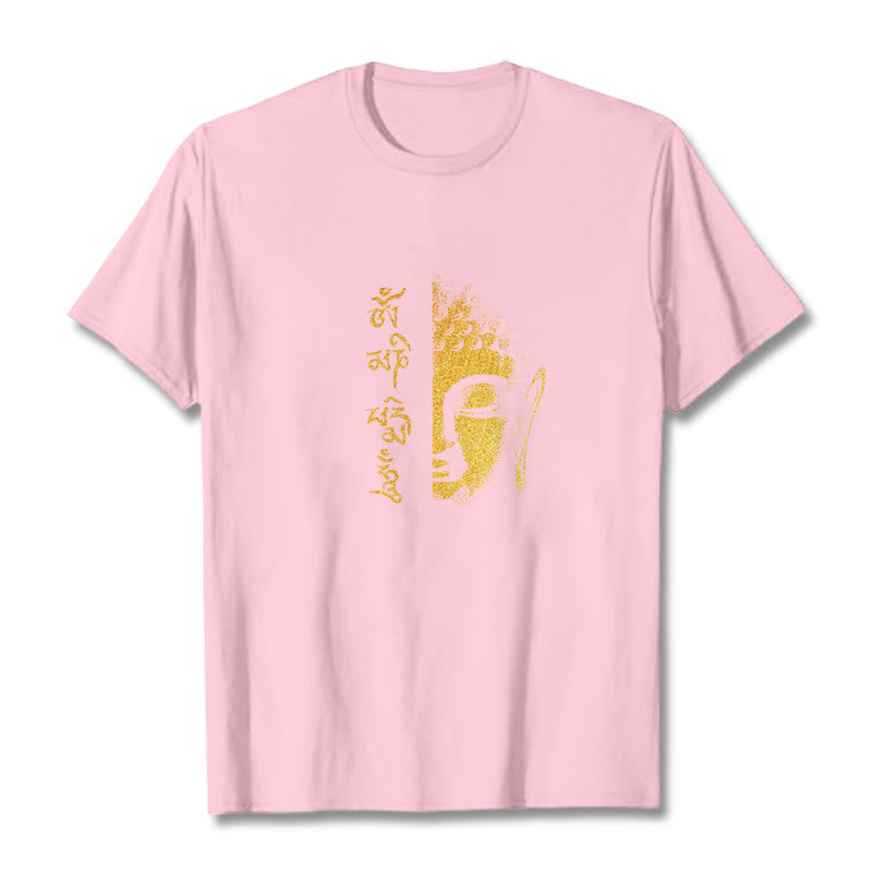 Buddha Stones Om Mani Padme Hum Golden Buddha Cotton Tee T-Shirt - Hellrosa - 2XL - image 19