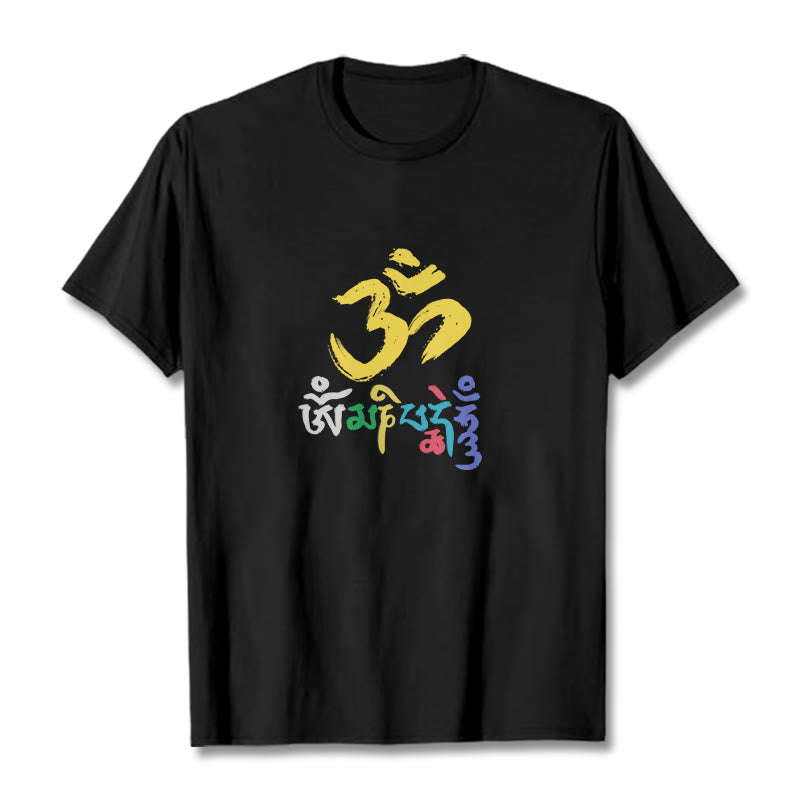 Buddha Stones Bunte Om Mani Padme Hum Baumwolle T-shirt - Schwarz - 2XL - image 1