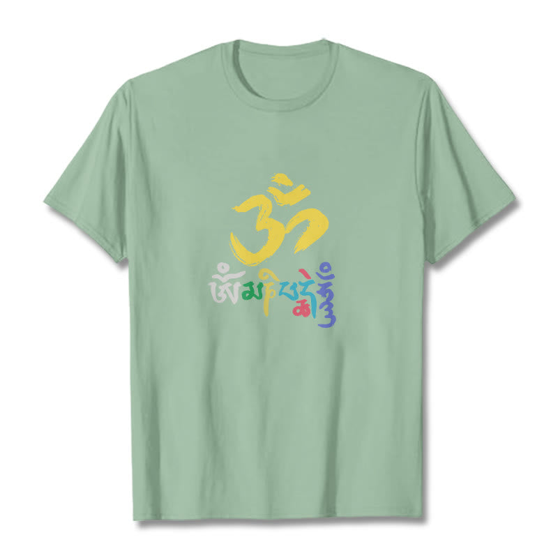 Buddha Stones Bunte Om Mani Padme Hum Baumwolle T-shirt - Blassgrün - 2XL - image 14