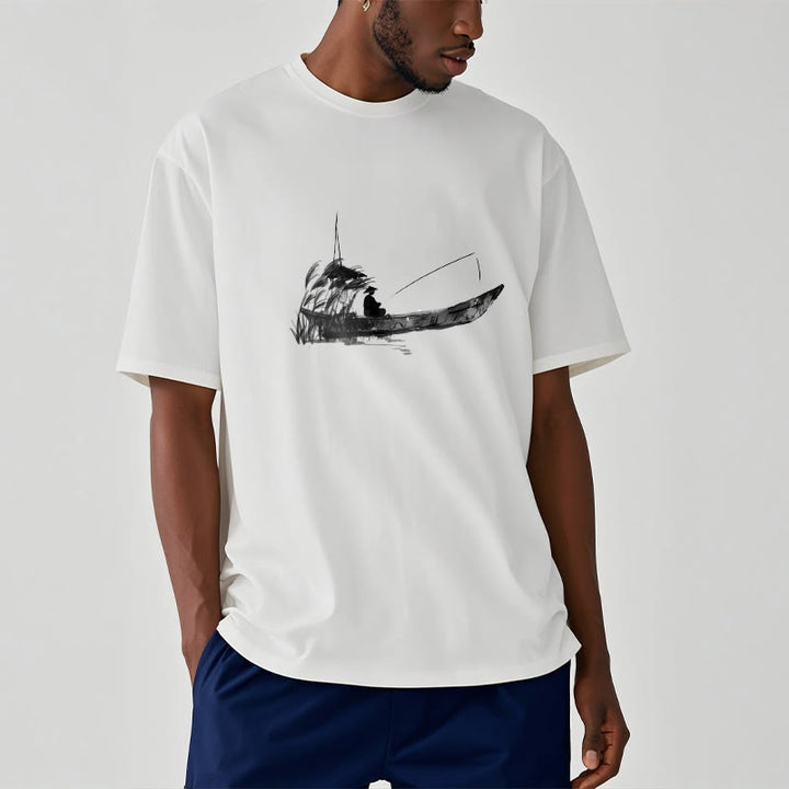 T-Shirt mit Buddha Stones, Boot, Angeln, Gras-Muster, Baumwolle - image 6