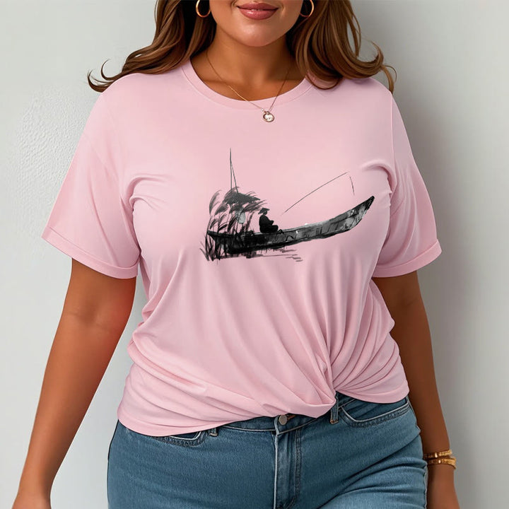 T-Shirt mit Buddha Stones, Boot, Angeln, Gras-Muster, Baumwolle - image 20