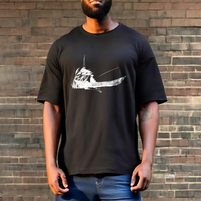 T-Shirt mit Buddha Stones, Boot, Angeln, Gras-Muster, Baumwolle - image 14