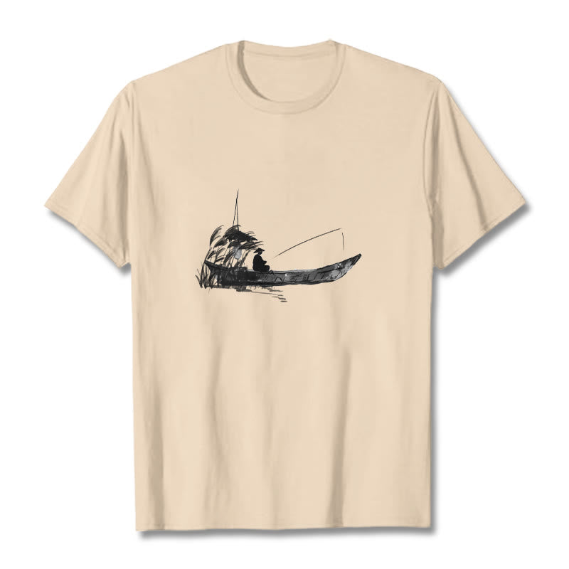 T-Shirt mit Buddha Stones, Boot, Angeln, Gras-Muster, Baumwolle - Bisque - 2XL - image 8