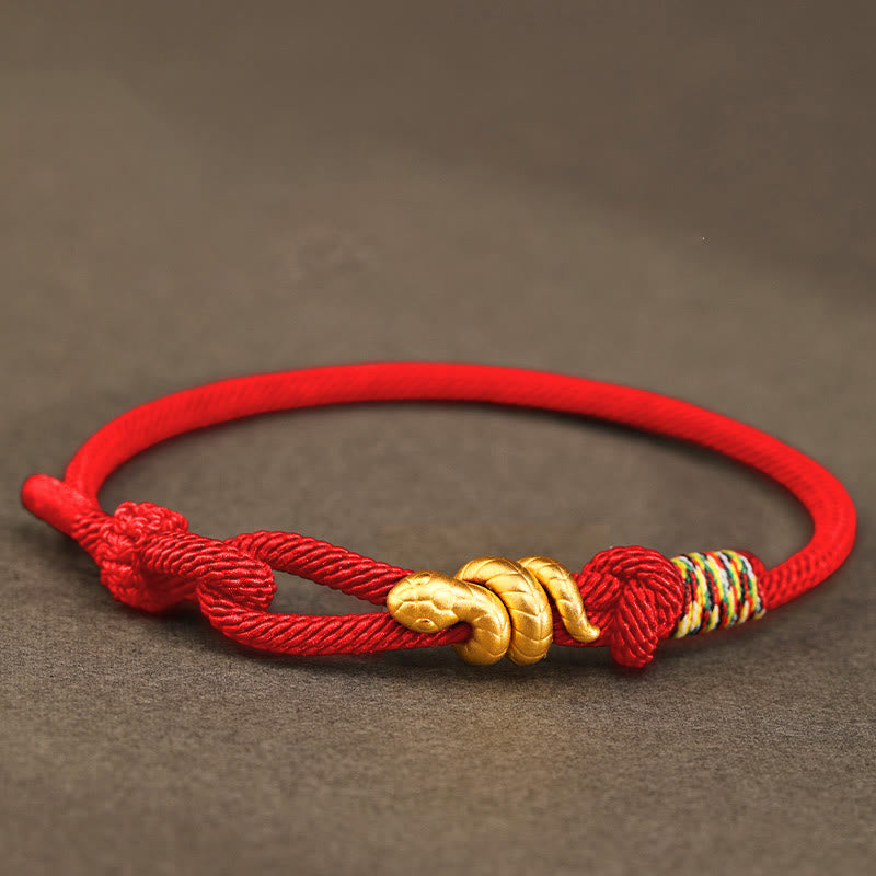 Buddha Stones 999 Gold Jahr der Schlange Design Handgefertigtes Glücksschutzseil Geflochtenes Armband - Rot - 17-19 cm - Gold 0,48 g - image 14