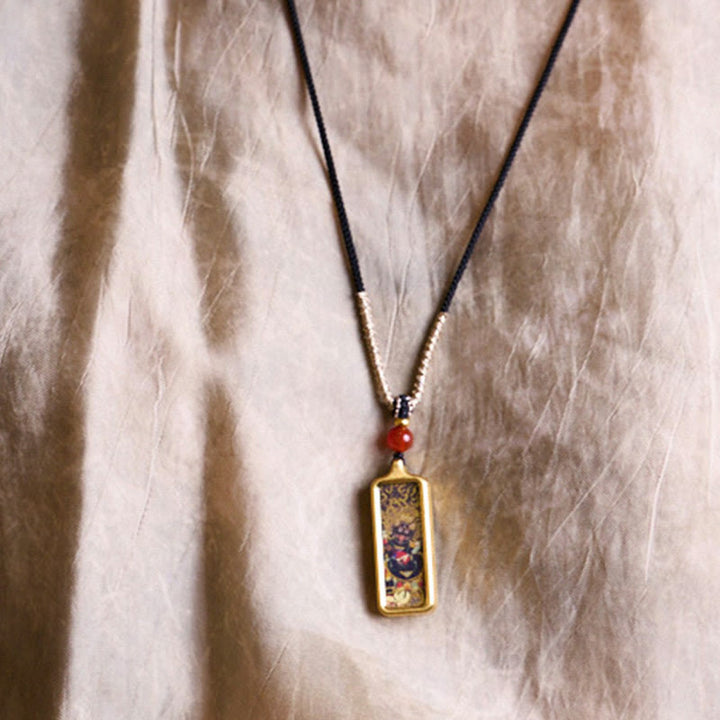 Buddha Stones Tibet Zakiram Gelber Gott des Reichtums Neunschwänziger Fuchs Handbemalter Thangka Ruhiger Halskettenanhänger - image 7