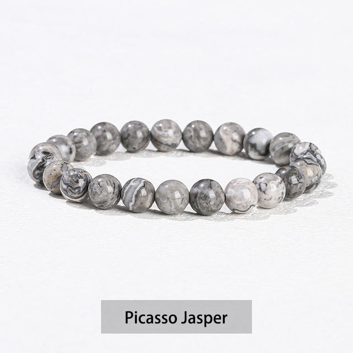 Buddha Stones Verschiedene Kristallsteine Amethyst Grüner Aventurin Rosenquarz Heilarmband - Picasso-Jaspis - 10 mm (Handgelenkumfang 14–16 cm) - image 28