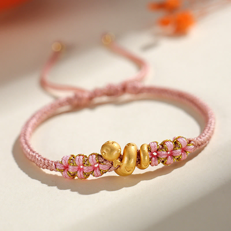 Buddha Stones Handgemachtes 999 Sterling Silber Jahr der Schlange Rote Schnur Herz Pfirsichblüte Glücksarmband - Rosafarbene Schnur, 999 Sterlingsilber (Handgelenkumfang: 15–18 cm) - image 14