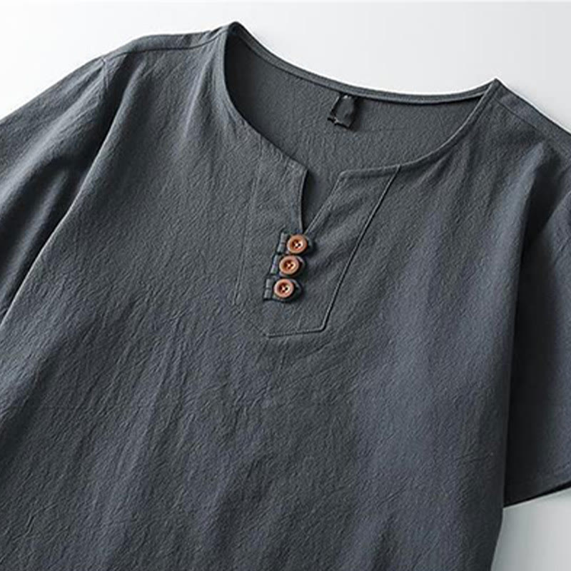 Buddha Stones Einfarbiges Herrenhemd aus Baumwolle und Leinen mit V-Ausschnitt, drei Knöpfen oben und kurzen Ärmeln - image 5