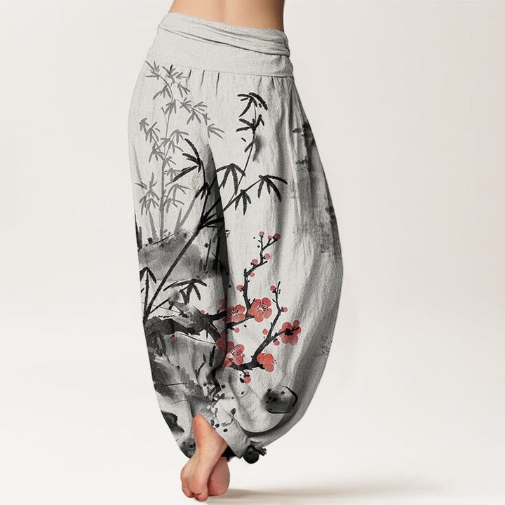 Haremshose mit elastischer Taille und Buddha Stones, Pflaumenblüten, Bambus, Orchideen, Chrysanthemen-Muster für Damen - image 3