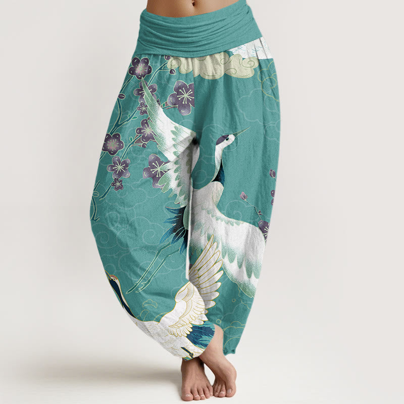 Haremshose mit elastischem Bund für Damen mit Buddha Stones, Kranichen, Blumen, glückverheißenden Wolken-Muster - Türkis - US22, UK/AU26,EU54 (6XL) - image 8