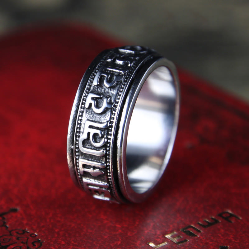 Tibetischer Om Mani Padme Hum Balance-Ring aus Titanstahl mit Buddha Stones