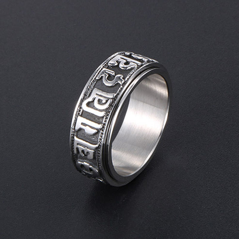 Tibetischer Om Mani Padme Hum Balance-Ring aus Titanstahl mit Buddha Stones