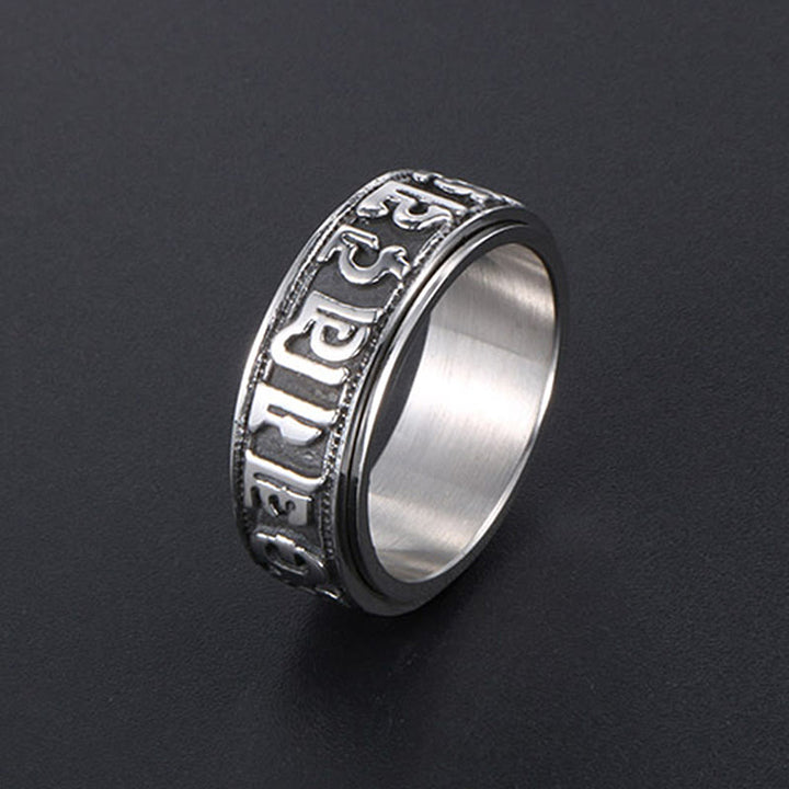 Tibetischer Om Mani Padme Hum Balance-Ring aus Titanstahl mit Buddha Stones