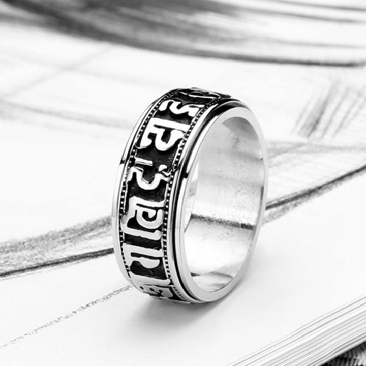 Tibetischer Om Mani Padme Hum Balance-Ring aus Titanstahl mit Buddha Stones