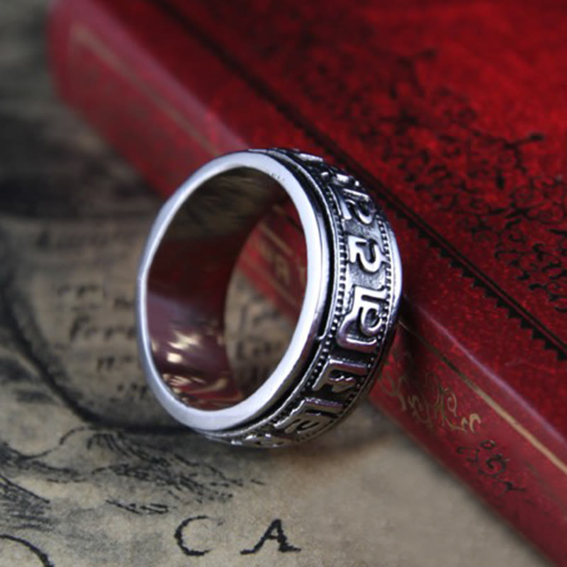 Tibetischer Om Mani Padme Hum Balance-Ring aus Titanstahl mit Buddha Stones