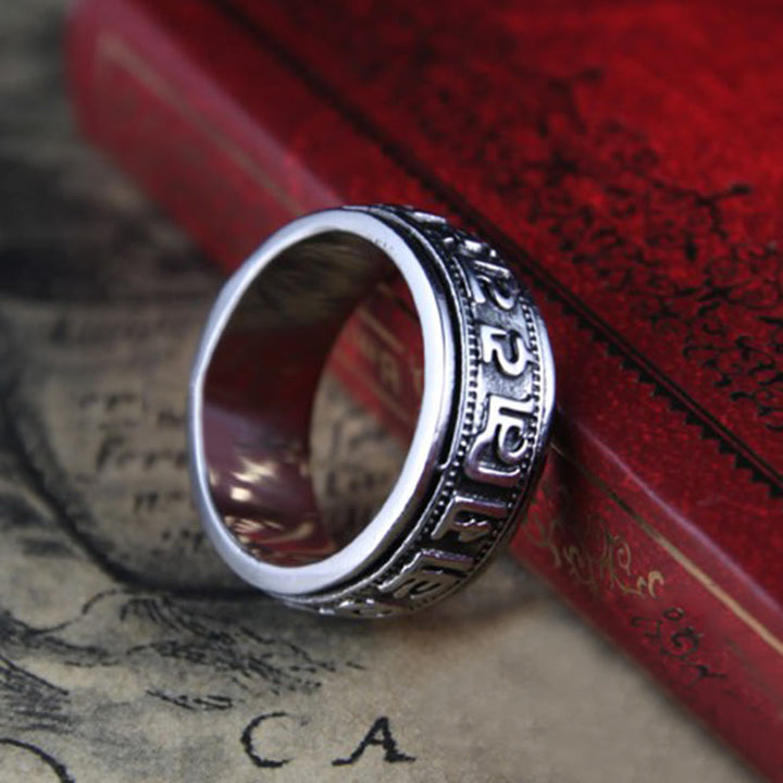 Tibetischer Om Mani Padme Hum Balance-Ring aus Titanstahl mit Buddha Stones