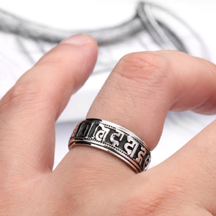 Tibetischer Om Mani Padme Hum Balance-Ring aus Titanstahl mit Buddha Stones