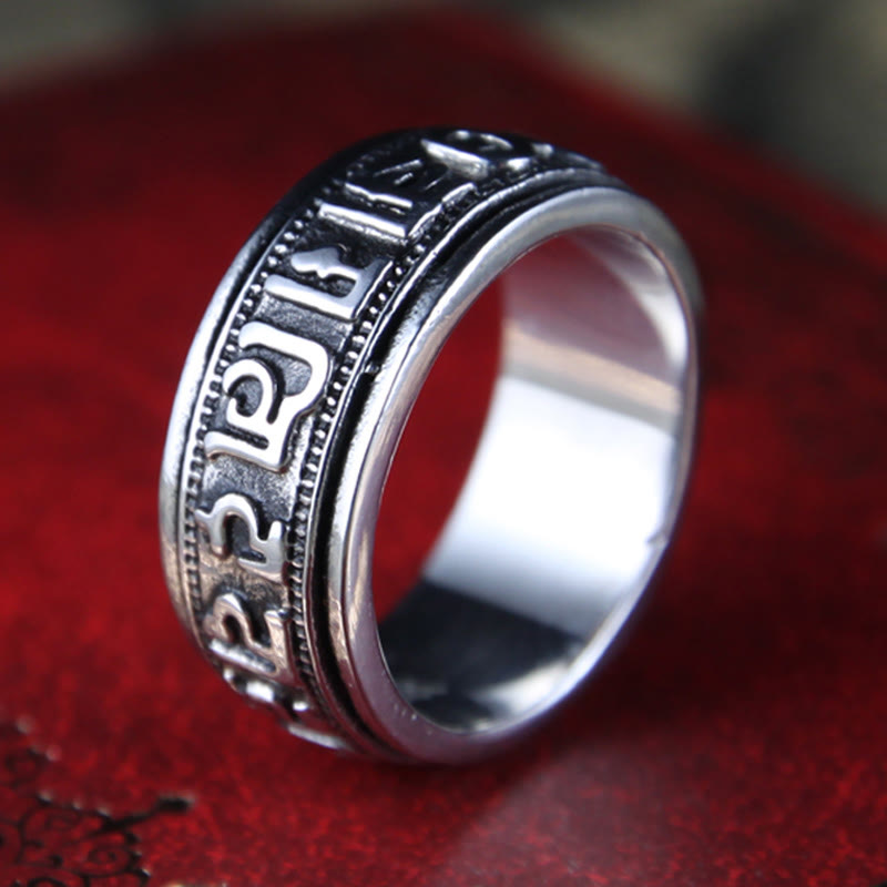 Tibetischer Om Mani Padme Hum Balance-Ring aus Titanstahl mit Buddha Stones