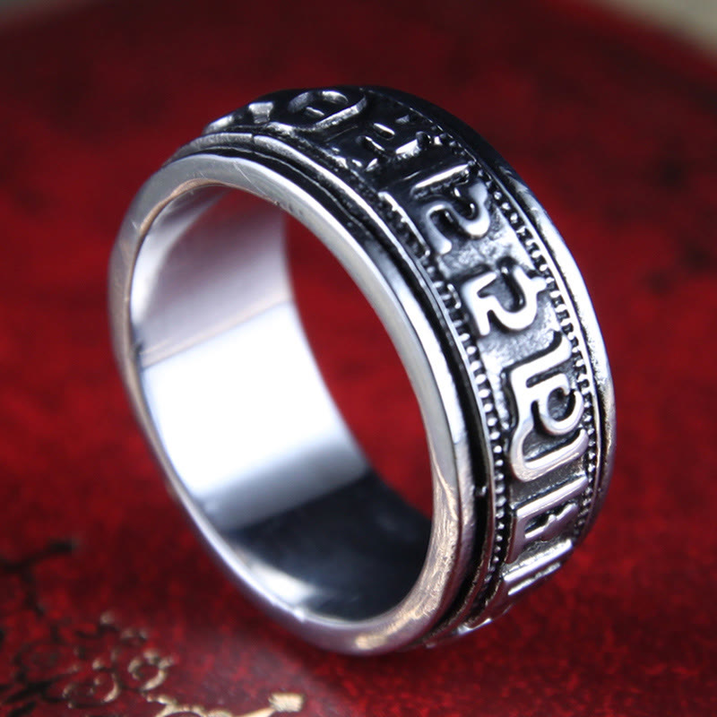 Tibetischer Om Mani Padme Hum Balance-Ring aus Titanstahl mit Buddha Stones