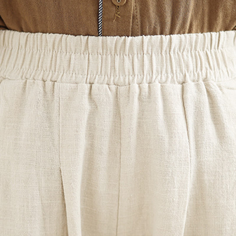 Buddha Stones Lässige, einfarbige, konisch zulaufende, elastische Taillenhose aus Baumwollleinen für Damen mit Taschen - image 14