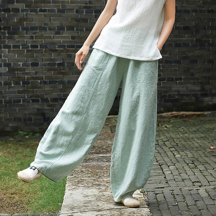 Buddha Stones Lässige, einfarbige, elastische Taille mit Fleece-Innenfutter aus Baumwoll-Ramie für Damen mit Taschen - image 39