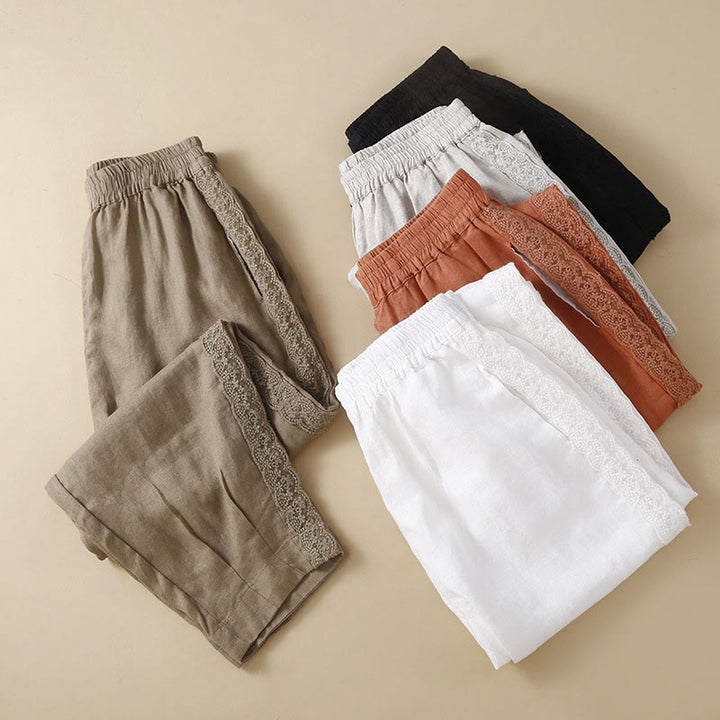 Buddha Stones Unifarbene, seitlich mit Blumenstickerei verzierte Leinenhose für Damen mit Taschen