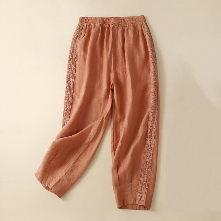 Buddha Stones Unifarbene, seitlich mit Blumenstickerei verzierte Leinenhose für Damen mit Taschen